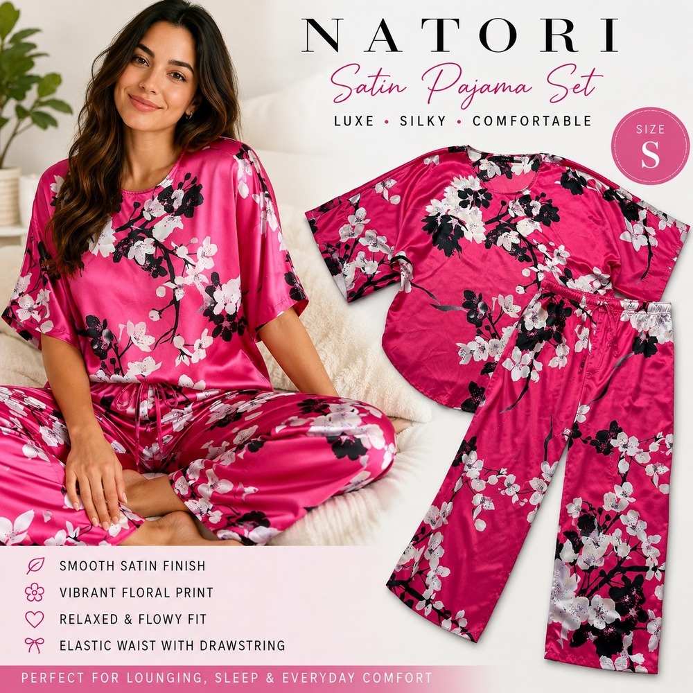 Natori Satin Floral Pajama Set Pink Blossom Luxe Lounge Sleepwear S Resort Luxe